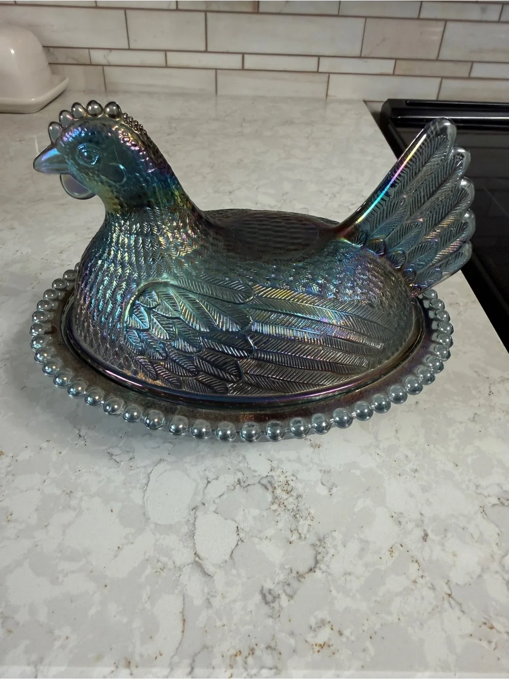 Iridescent Carnival Glass Hen on Nest Covered Dish - Blue-Green